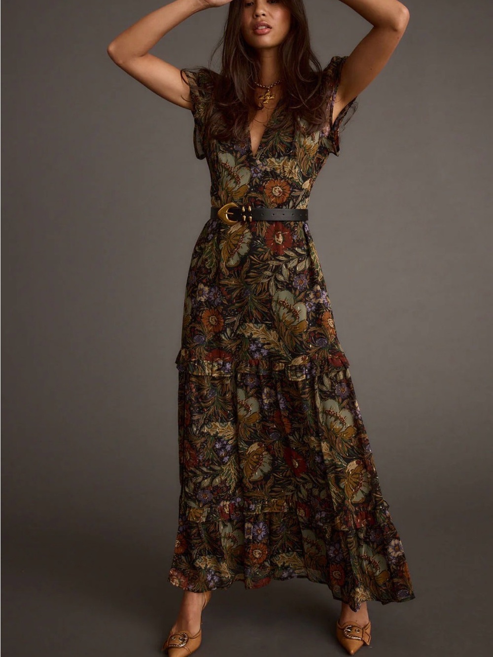 12th Tribe Bohemian Floral V-Neck Maxi Dress in Olive. PRISTINE - Picture 6 of 7